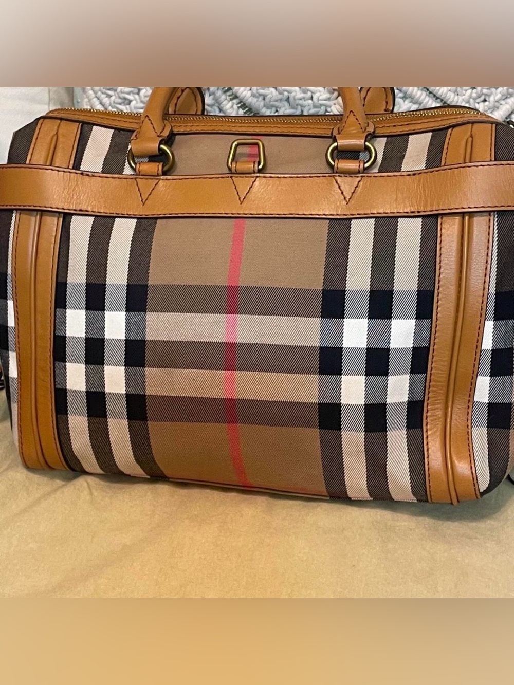 Authentic Burberry- Classic Plaid Tan Leather-Trim Tote Bag